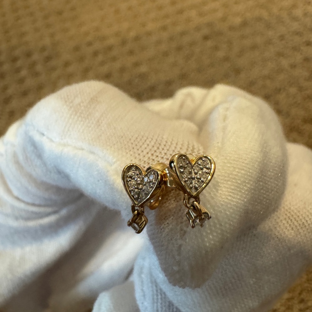 adina reyter super tiny pave folded heart drop posts yellow gold